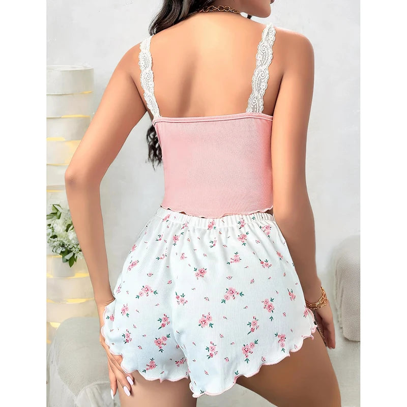 Women Pajama Set Lace Patchwork V-Neck Sleepwear Sexy Nighties Suit Camisole Top Printed Shorts Soft Pyjamas Loungewear