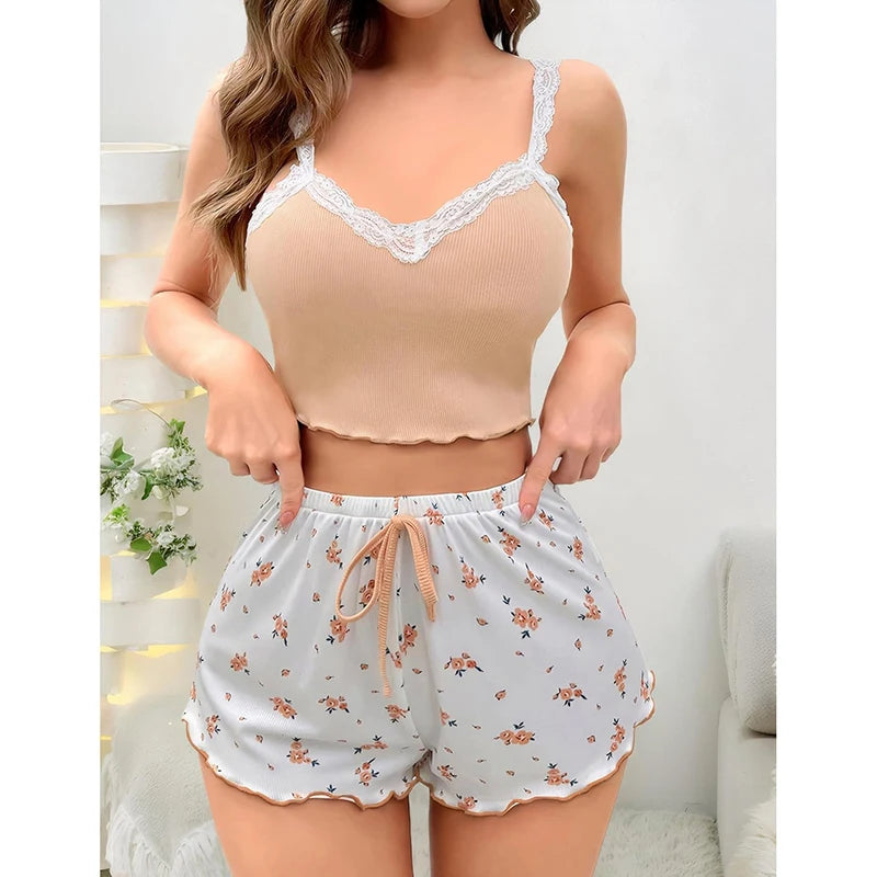 Women Pajama Set Lace Patchwork V-Neck Sleepwear Sexy Nighties Suit Camisole Top Printed Shorts Soft Pyjamas Loungewear
